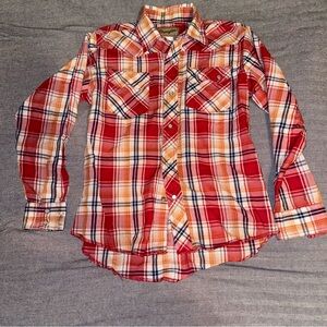 Wrangler Boys Plaid L/S Snap Shirt L 10/12 red Western Cowboy vintage